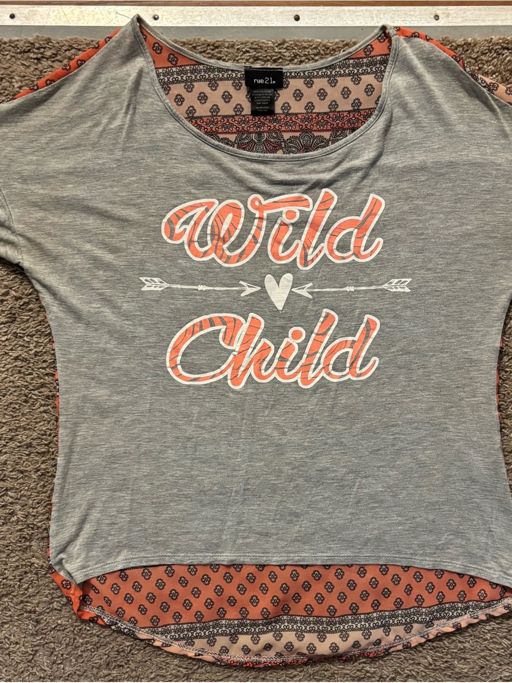 Rue21 Woman’s Md Gray and Coral Tee Sheer Back Like New Condition